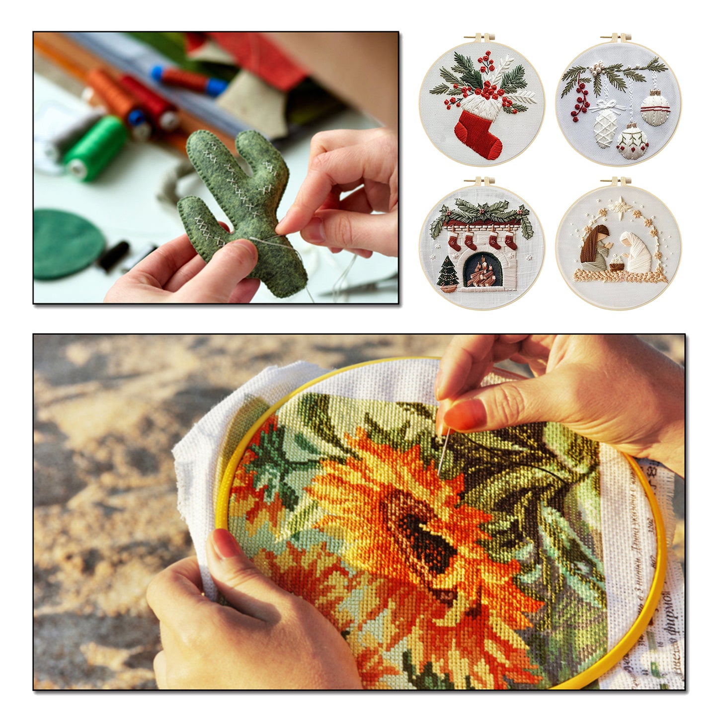 4PCS Christmas - DIY Embroidery Cross Stitch Kit with Pattern Cotton Threads Needles Hoop 25x25CM/9.84x9.84in