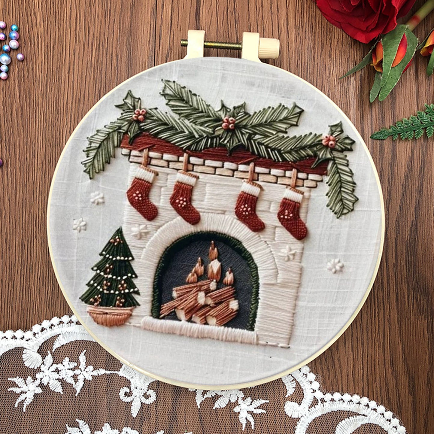 4PCS Christmas - DIY Embroidery Cross Stitch Kit with Pattern Cotton Threads Needles Hoop 25x25CM/9.84x9.84in