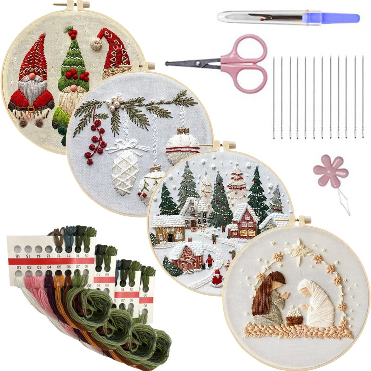 4PCS Christmas - DIY Embroidery Cross Stitch Kit with Pattern Cotton Threads Needles Hoop 25x25CM/9.84x9.84in