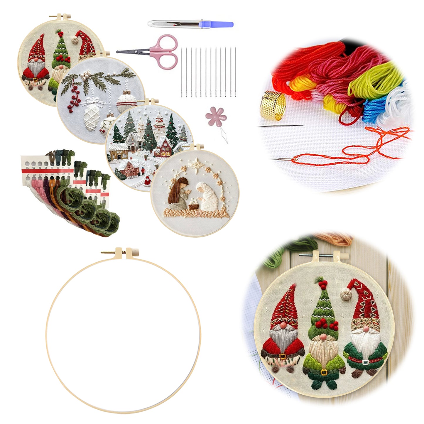 4PCS Christmas - DIY Embroidery Cross Stitch Kit with Pattern Cotton Threads Needles Hoop 25x25CM/9.84x9.84in
