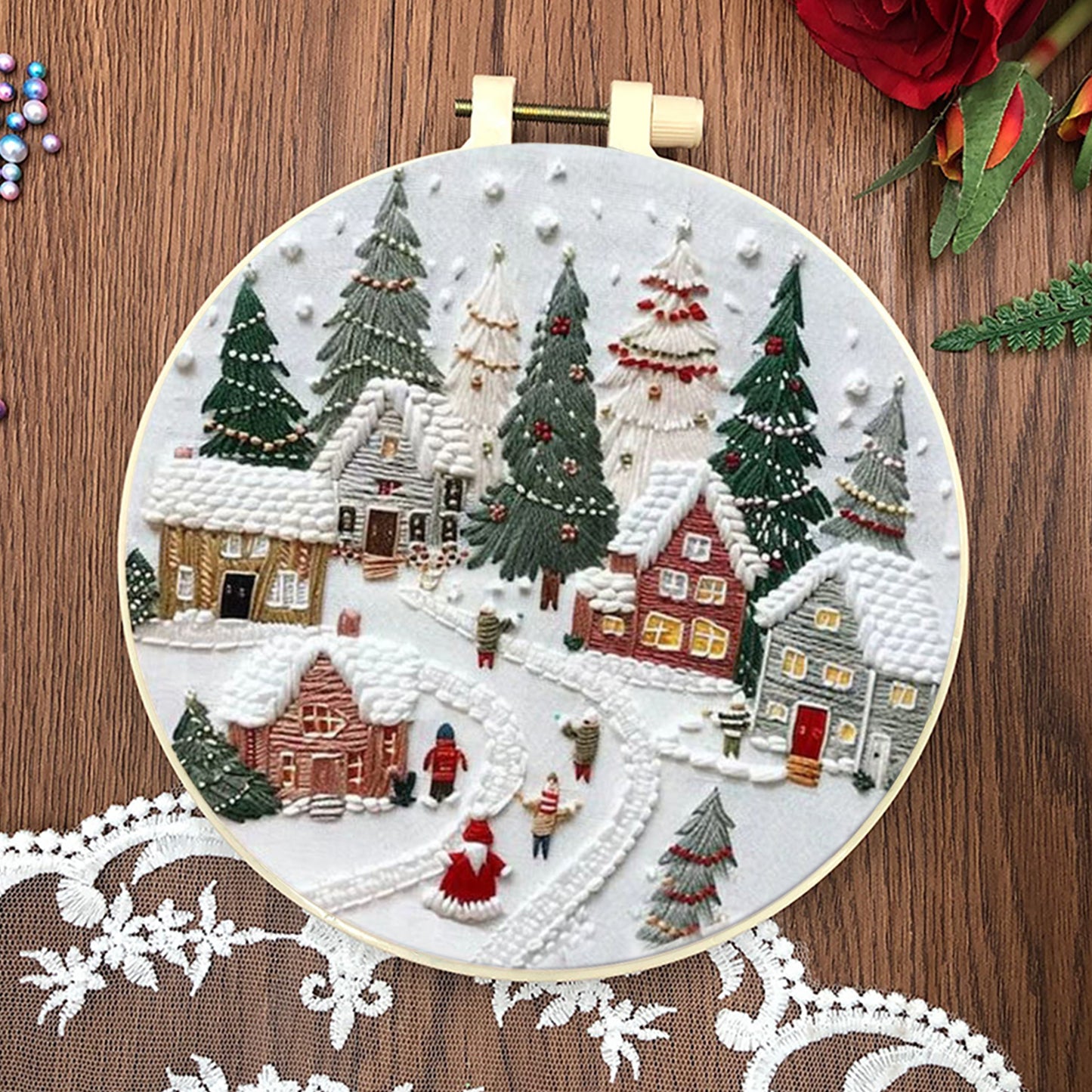 4PCS Christmas - DIY Embroidery Cross Stitch Kit with Pattern Cotton Threads Needles Hoop 25x25CM/9.84x9.84in