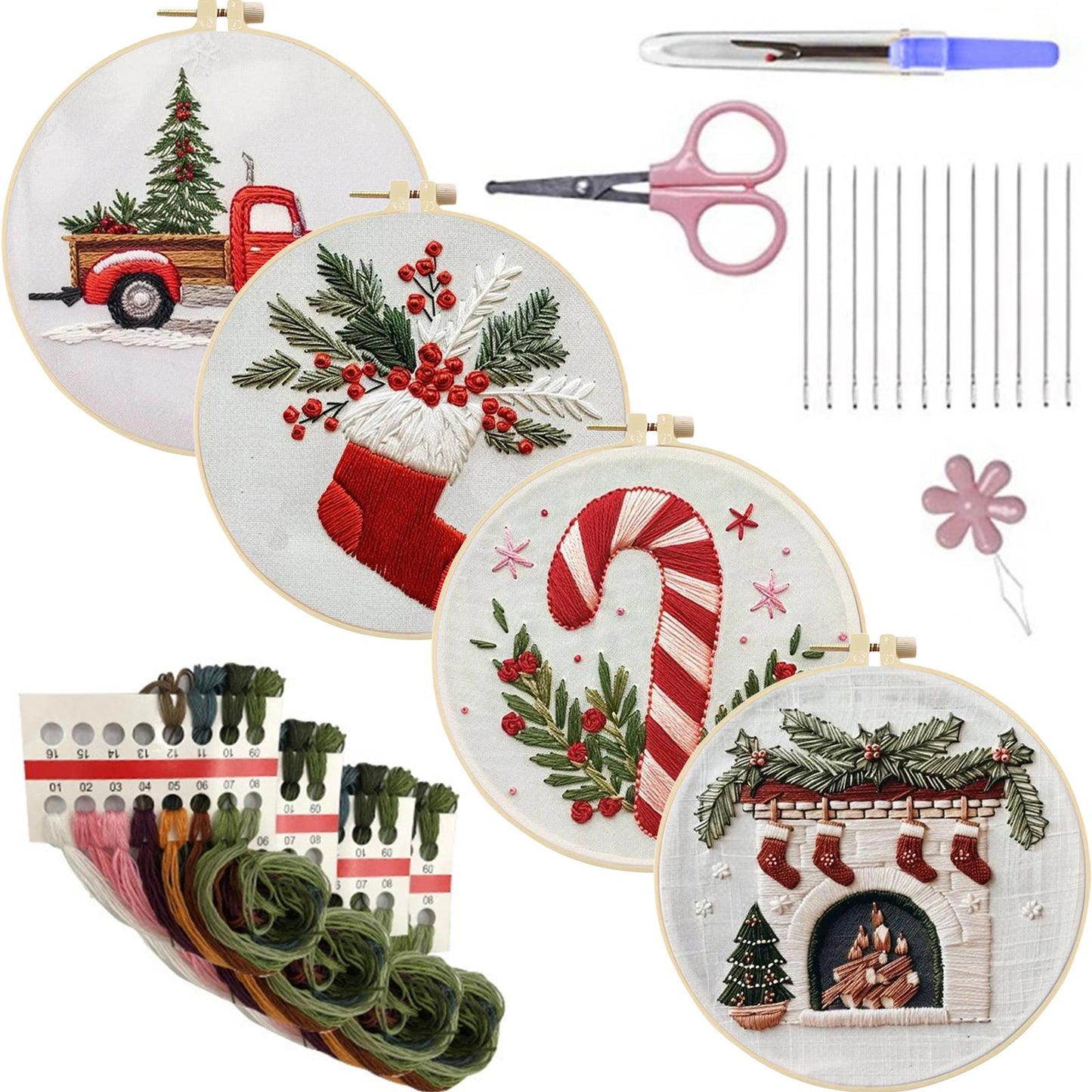4PCS Christmas - DIY Embroidery Cross Stitch Kit with Pattern Cotton Threads Needles Hoop 25x25CM/9.84x9.84in
