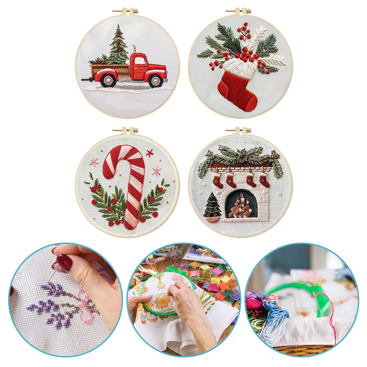 4PCS Christmas - DIY Embroidery Cross Stitch Kit with Pattern Cotton Threads Needles Hoop 25x25CM/9.84x9.84in