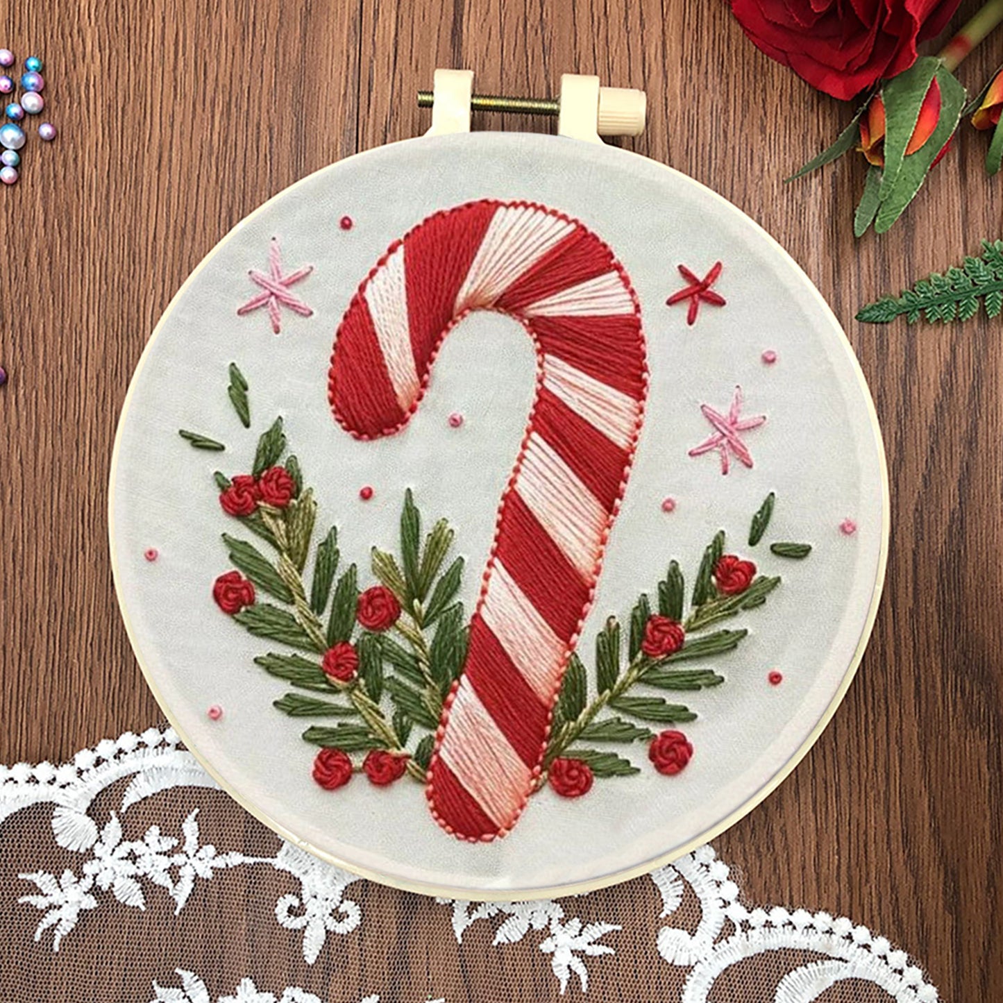 4PCS Christmas - DIY Embroidery Cross Stitch Kit with Pattern Cotton Threads Needles Hoop 25x25CM/9.84x9.84in
