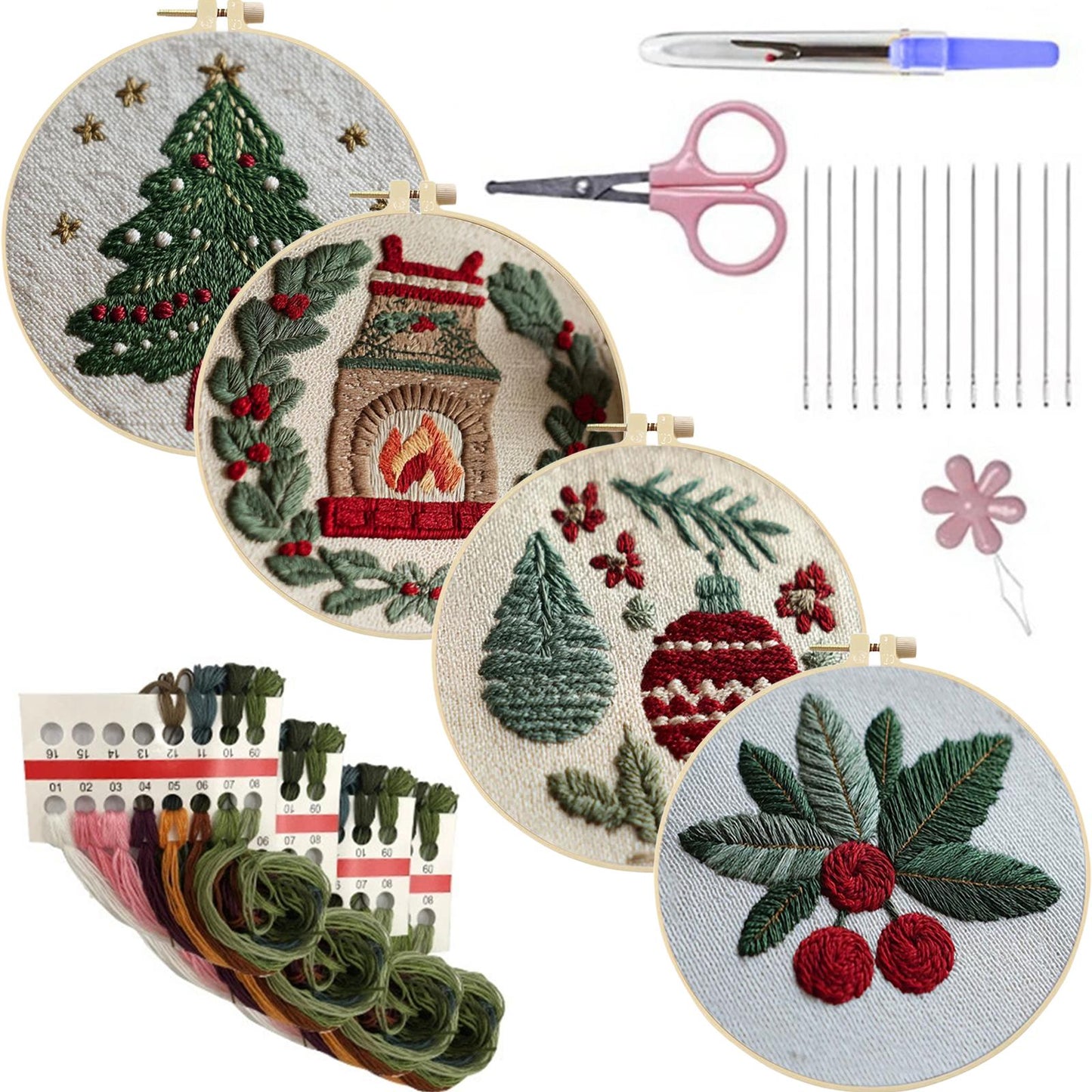 4PCS Christmas - DIY Embroidery Cross Stitch Kit with Pattern Cotton Threads Needles Hoop 25x25CM/9.84x9.84in