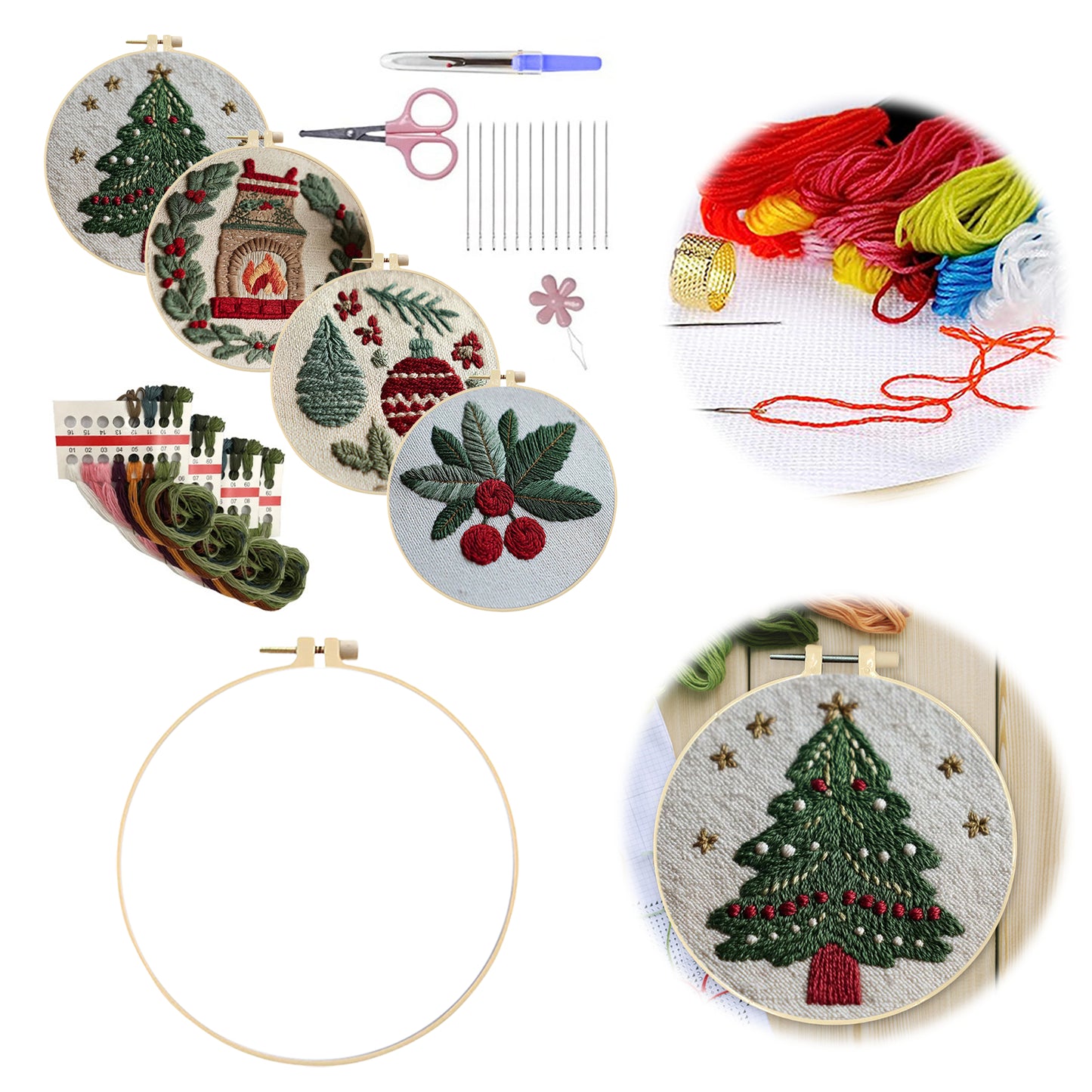 4PCS Christmas - DIY Embroidery Cross Stitch Kit with Pattern Cotton Threads Needles Hoop 25x25CM/9.84x9.84in