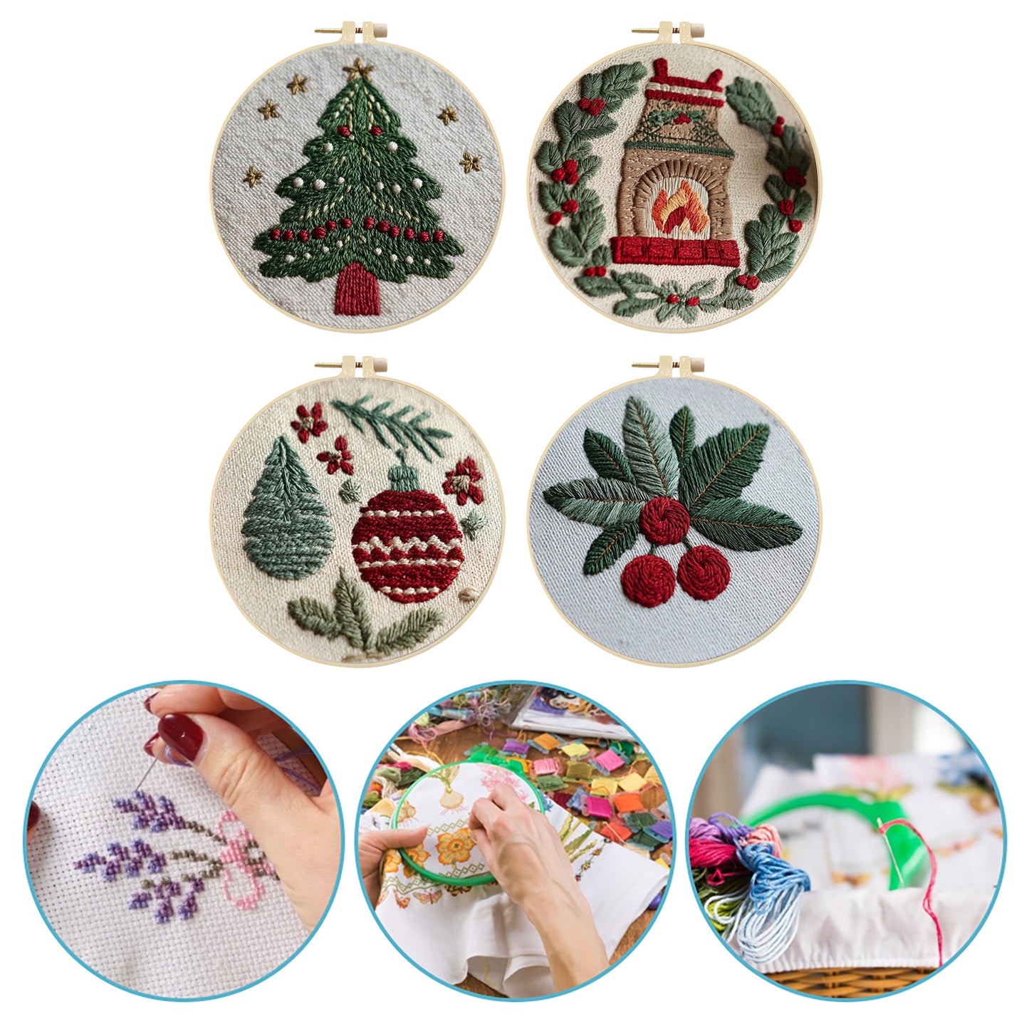 4PCS Christmas - DIY Embroidery Cross Stitch Kit with Pattern Cotton Threads Needles Hoop 25x25CM/9.84x9.84in