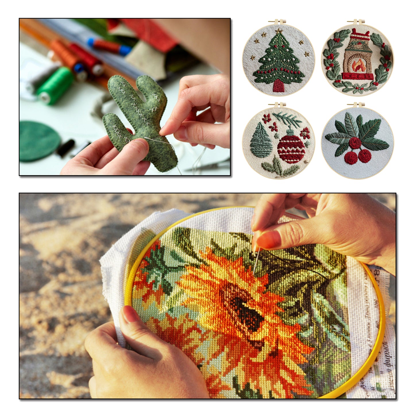 4PCS Christmas - DIY Embroidery Cross Stitch Kit with Pattern Cotton Threads Needles Hoop 25x25CM/9.84x9.84in