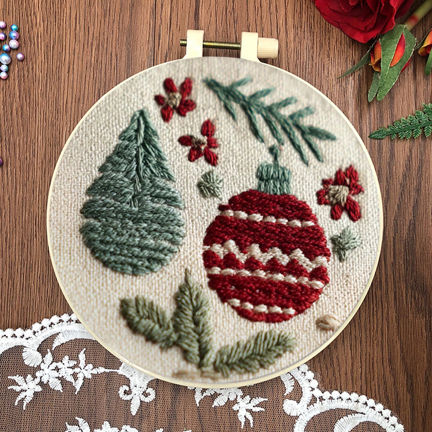 4PCS Christmas - DIY Embroidery Cross Stitch Kit with Pattern Cotton Threads Needles Hoop 25x25CM/9.84x9.84in
