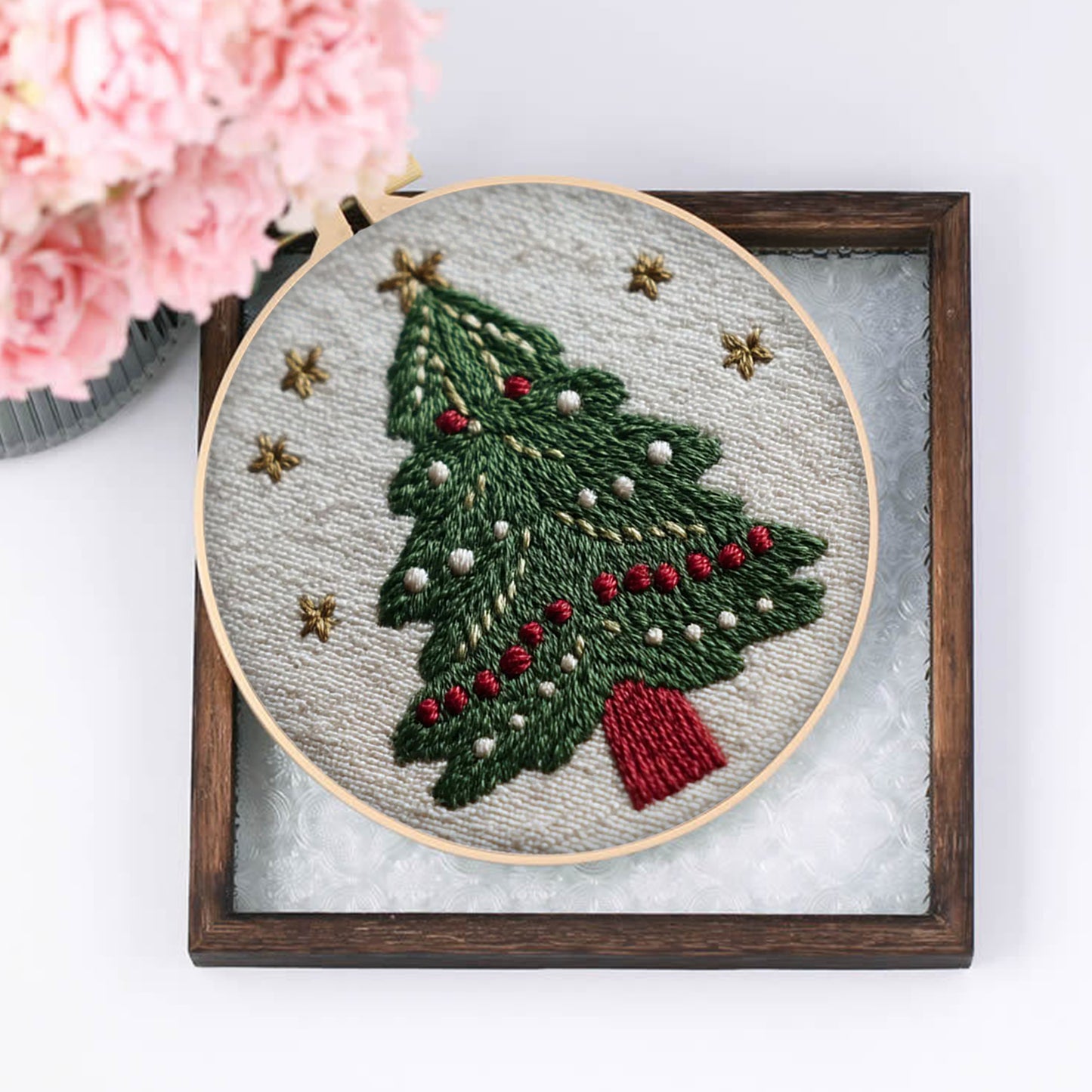 4PCS Christmas - DIY Embroidery Cross Stitch Kit with Pattern Cotton Threads Needles Hoop 25x25CM/9.84x9.84in