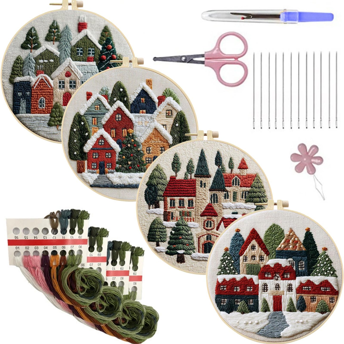 4PCS Christmas - DIY Embroidery Cross Stitch Kit with Pattern Cotton Threads Needles Hoop 30x30CM/11.81x11.81in