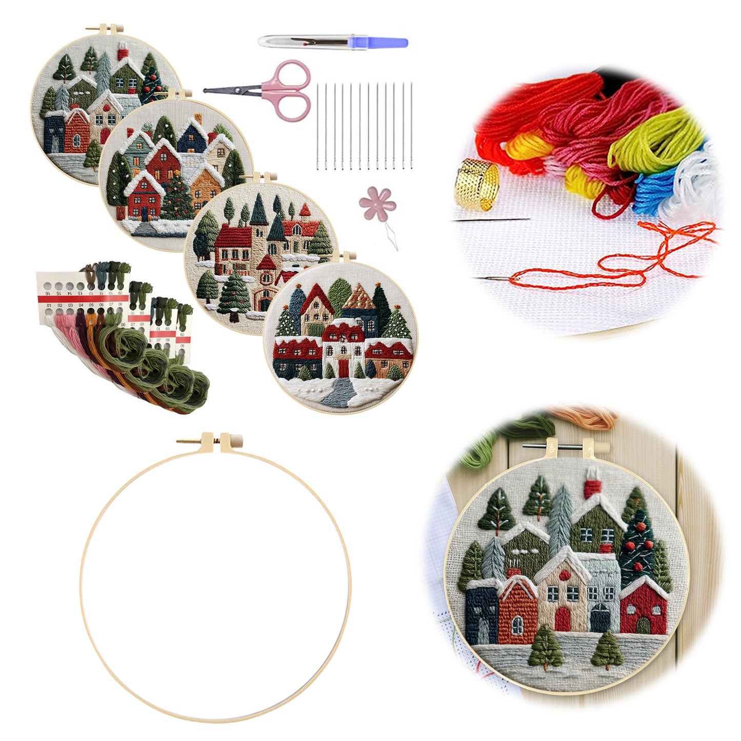 4PCS Christmas - DIY Embroidery Cross Stitch Kit with Pattern Cotton Threads Needles Hoop 30x30CM/11.81x11.81in