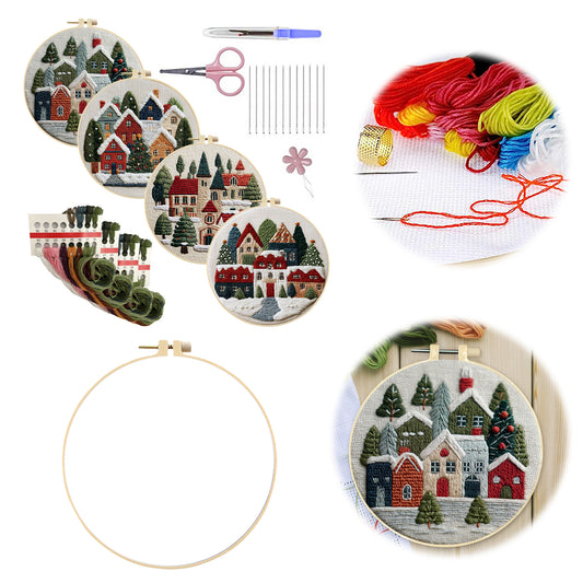 4PCS Christmas - DIY Embroidery Cross Stitch Kit with Pattern Cotton Threads Needles Hoop 30x30CM/11.81x11.81in