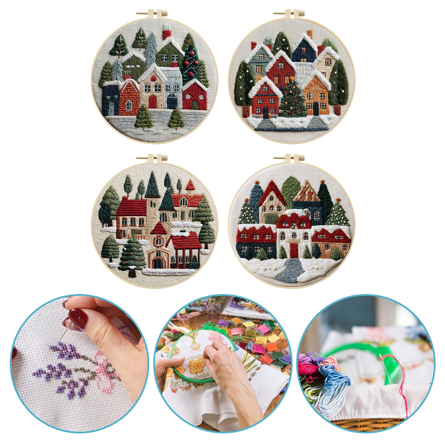 4PCS Christmas - DIY Embroidery Cross Stitch Kit with Pattern Cotton Threads Needles Hoop 30x30CM/11.81x11.81in