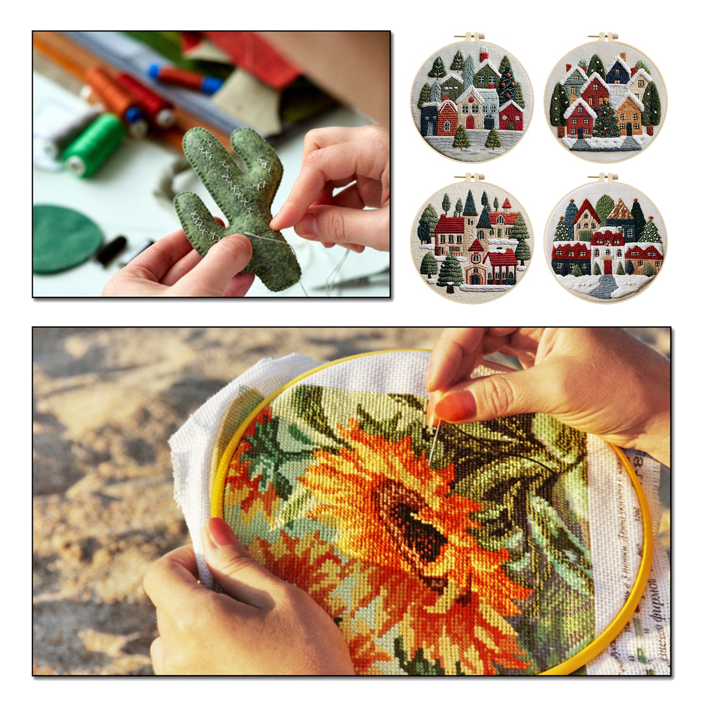 4PCS Christmas - DIY Embroidery Cross Stitch Kit with Pattern Cotton Threads Needles Hoop 30x30CM/11.81x11.81in