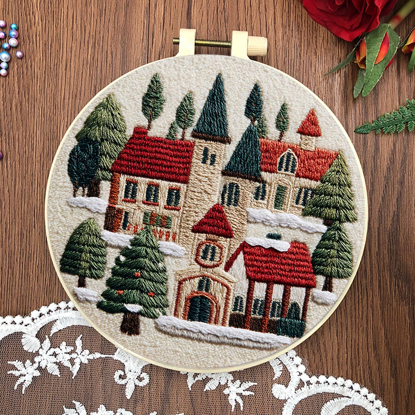 4PCS Christmas - DIY Embroidery Cross Stitch Kit with Pattern Cotton Threads Needles Hoop 30x30CM/11.81x11.81in
