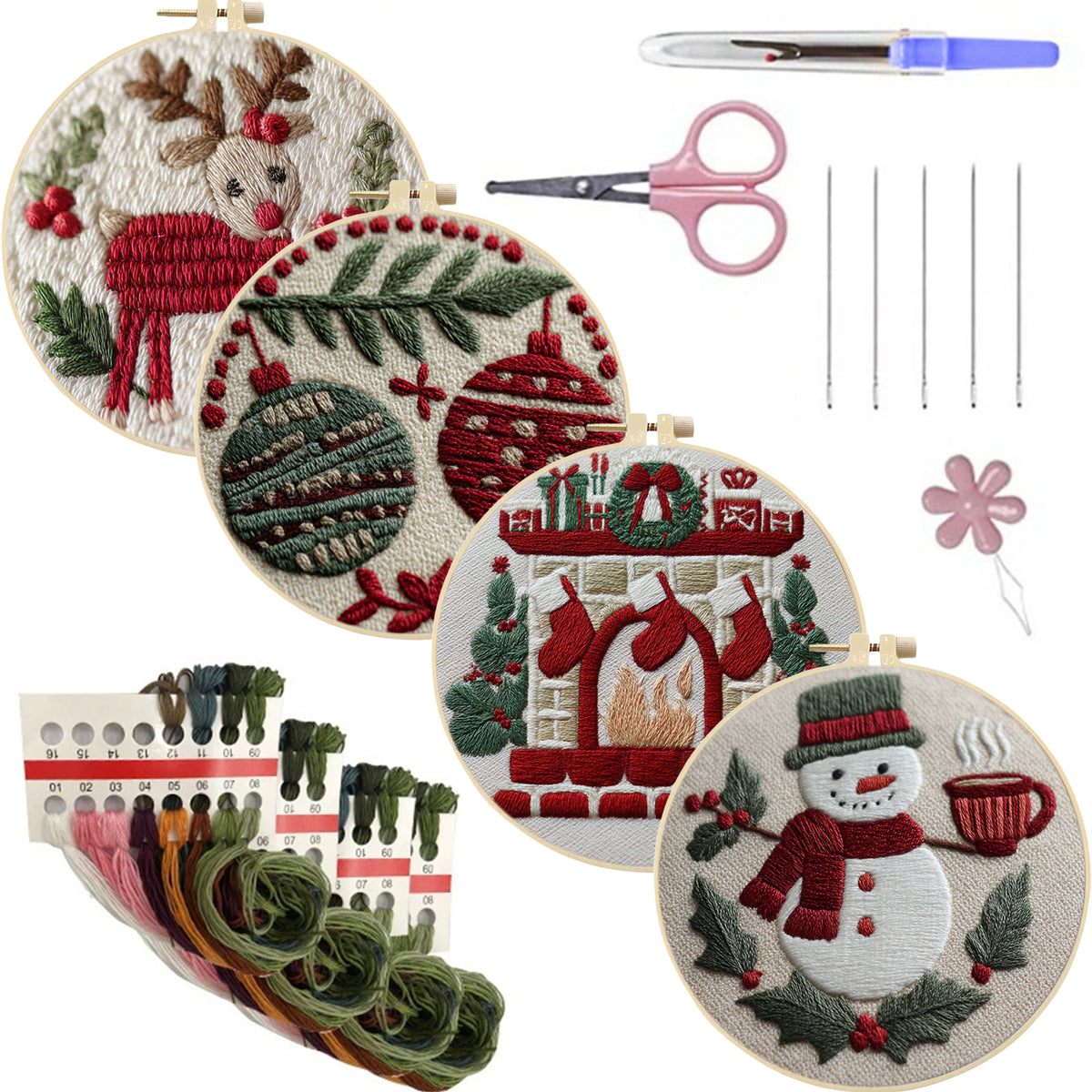 4Pcs Christmas Collection - DIY Embroidery Cross Stitch Kit with Pattern Cotton Threads Needles Hoop 25×25CM/9.84×9.84in