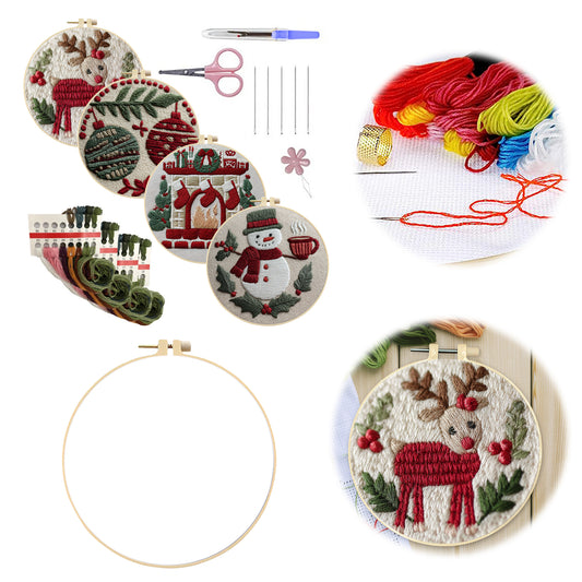 4-tlg. Weihnachts-Kollektion – DIY-Stickset Kreuzstich mit Muster, Baumwollgarnen, Nadeln und Stickrahmen 25 × 25 cm