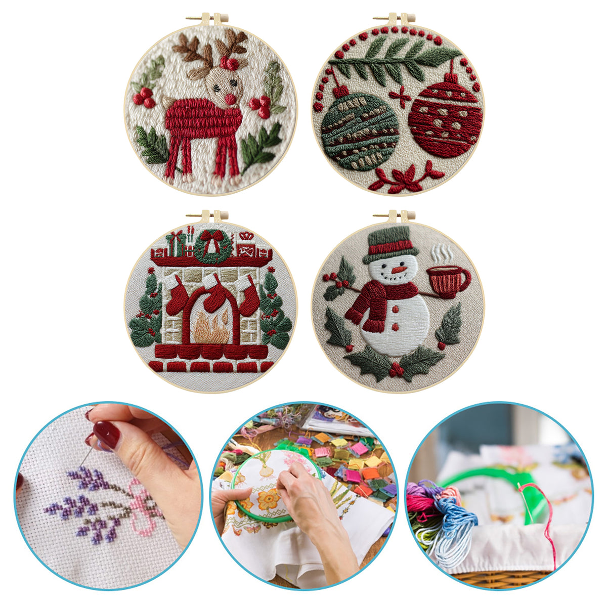 4Pcs Christmas Collection - DIY Embroidery Cross Stitch Kit with Pattern Cotton Threads Needles Hoop 25×25CM/9.84×9.84in