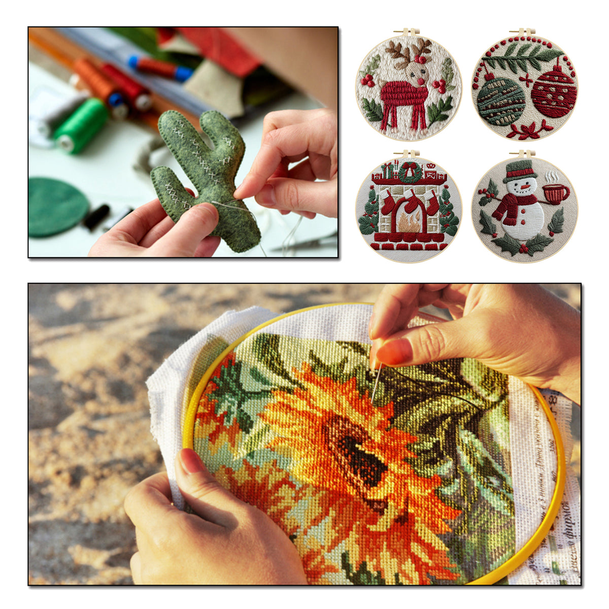 4Pcs Christmas Collection - DIY Embroidery Cross Stitch Kit with Pattern Cotton Threads Needles Hoop 25×25CM/9.84×9.84in