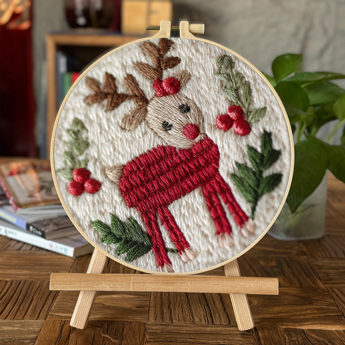 4Pcs Christmas Collection - DIY Embroidery Cross Stitch Kit with Pattern Cotton Threads Needles Hoop 25×25CM/9.84×9.84in