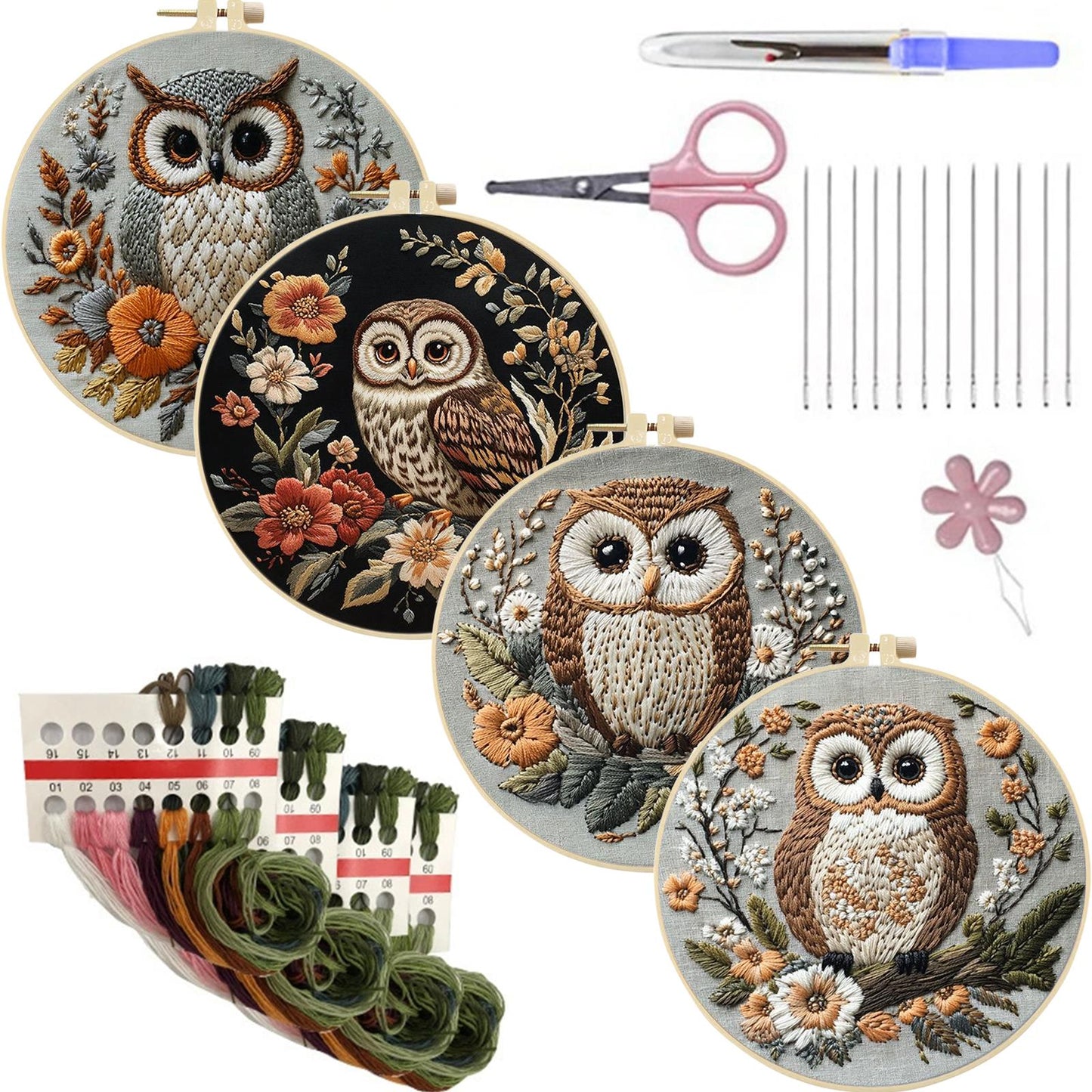 4PCS Animal Series - DIY Embroidery Cross Stitch Kit with Pattern Cotton Threads Needles Hoop 30x30CM/11.81x11.81in