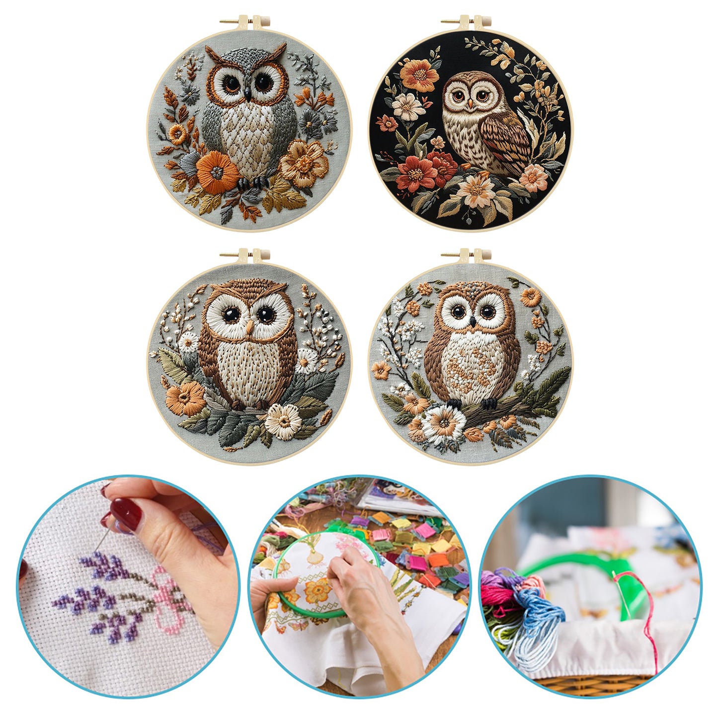 4PCS Animal Series - DIY Embroidery Cross Stitch Kit with Pattern Cotton Threads Needles Hoop 30x30CM/11.81x11.81in