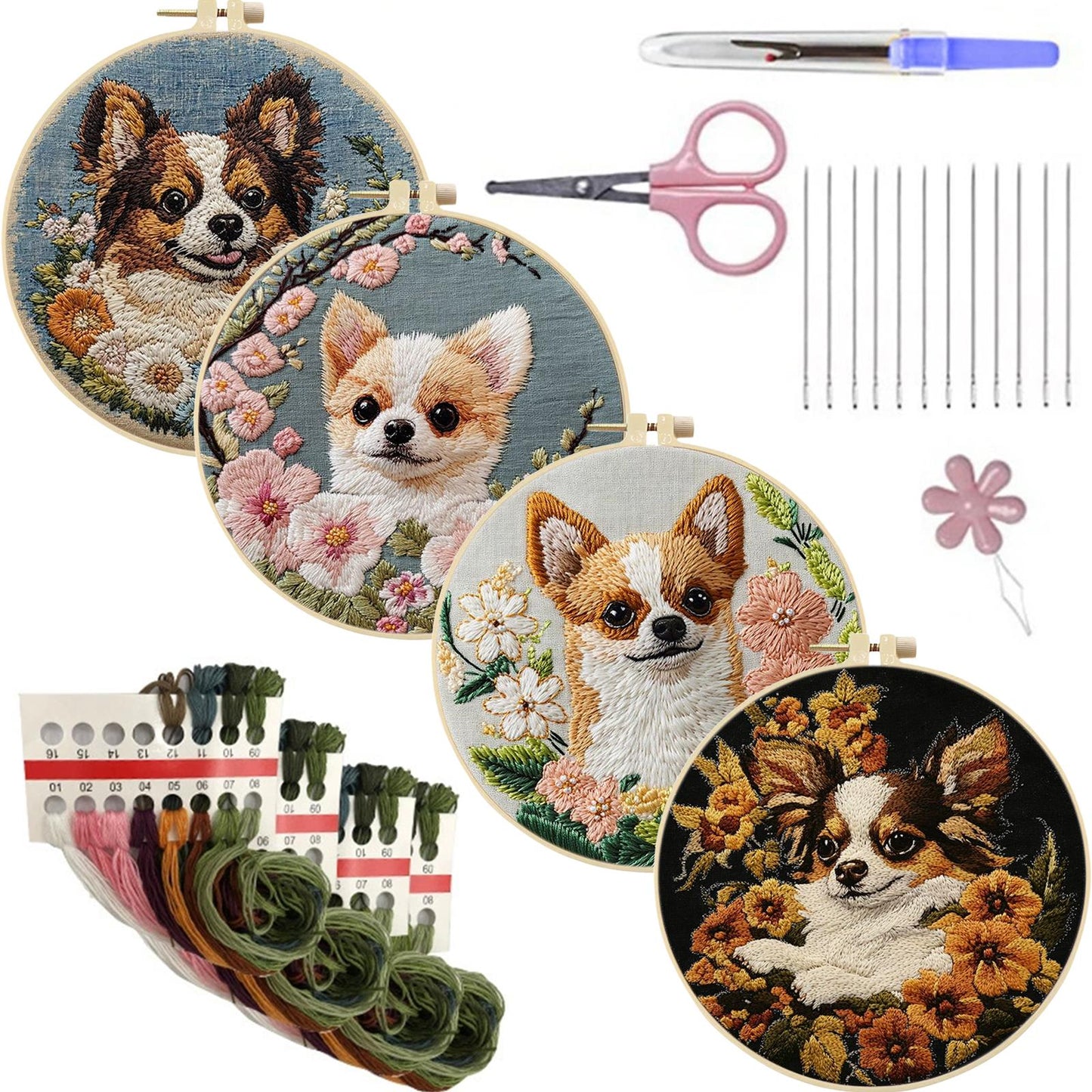 4PCS Dog - DIY Embroidery Cross Stitch Kit with Pattern Cotton Threads Needles Hoop 30x30CM/11.81x11.81in