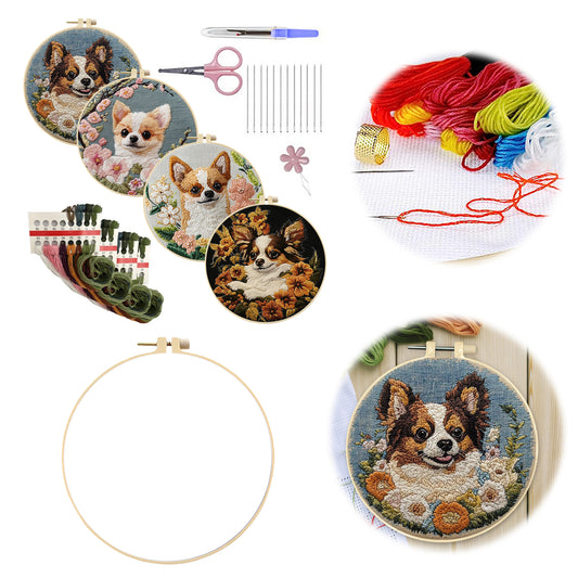 4PCS Dog - DIY Embroidery Cross Stitch Kit with Pattern Cotton Threads Needles Hoop 30x30CM/11.81x11.81in