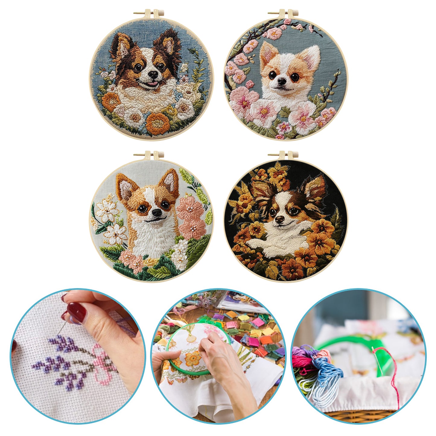 4PCS Dog - DIY Embroidery Cross Stitch Kit with Pattern Cotton Threads Needles Hoop 30x30CM/11.81x11.81in