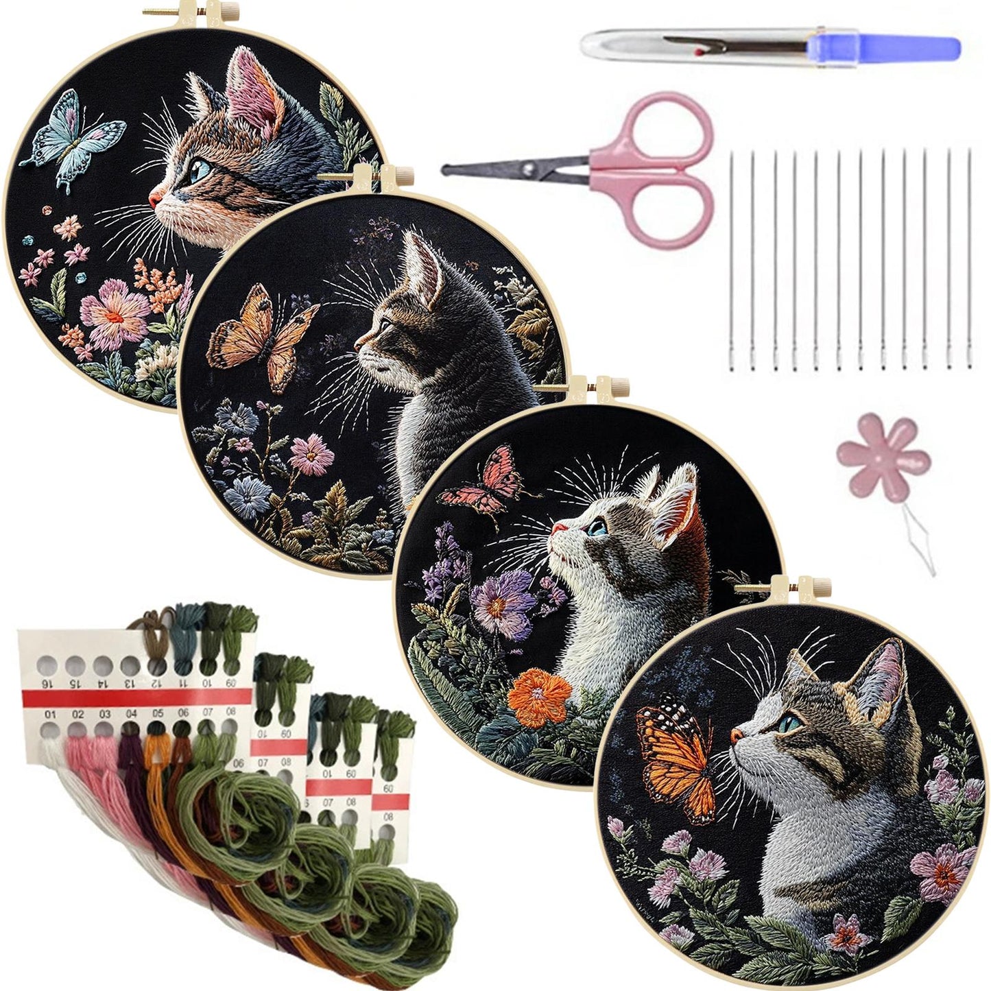 4PCS Cat - DIY Embroidery Cross Stitch Kit with Pattern Cotton Threads Needles Hoop 30x30CM/11.81x11.81in