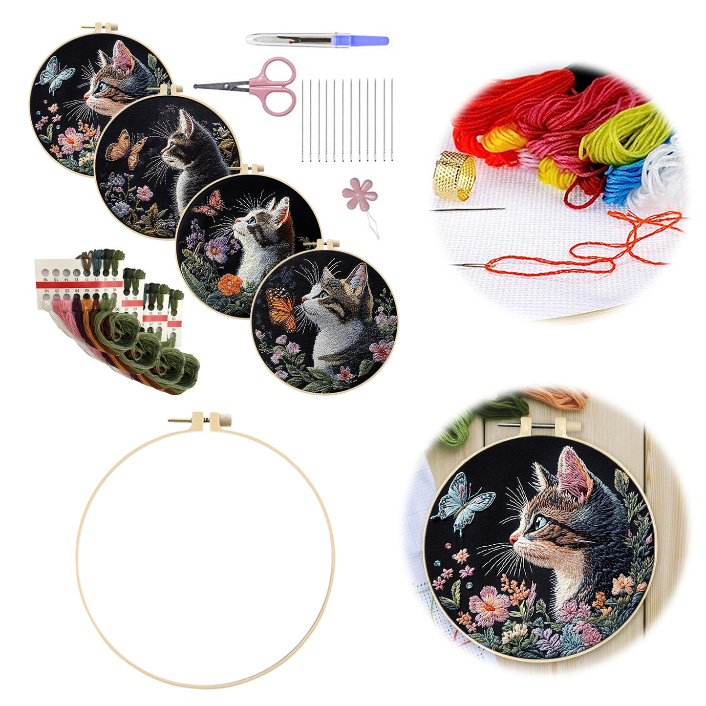4PCS Cat - DIY Embroidery Cross Stitch Kit with Pattern Cotton Threads Needles Hoop 30x30CM/11.81x11.81in