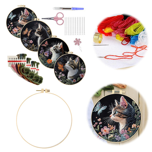 4PCS Cat - DIY Embroidery Cross Stitch Kit with Pattern Cotton Threads Needles Hoop 30x30CM/11.81x11.81in