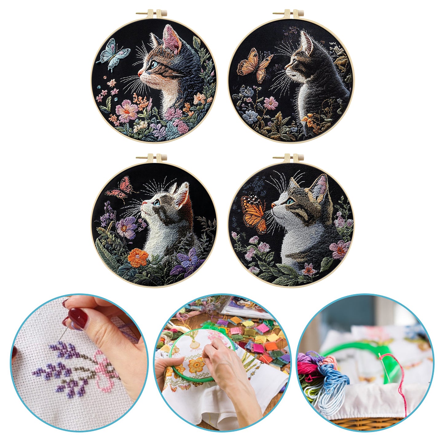 4PCS Cat - DIY Embroidery Cross Stitch Kit with Pattern Cotton Threads Needles Hoop 30x30CM/11.81x11.81in