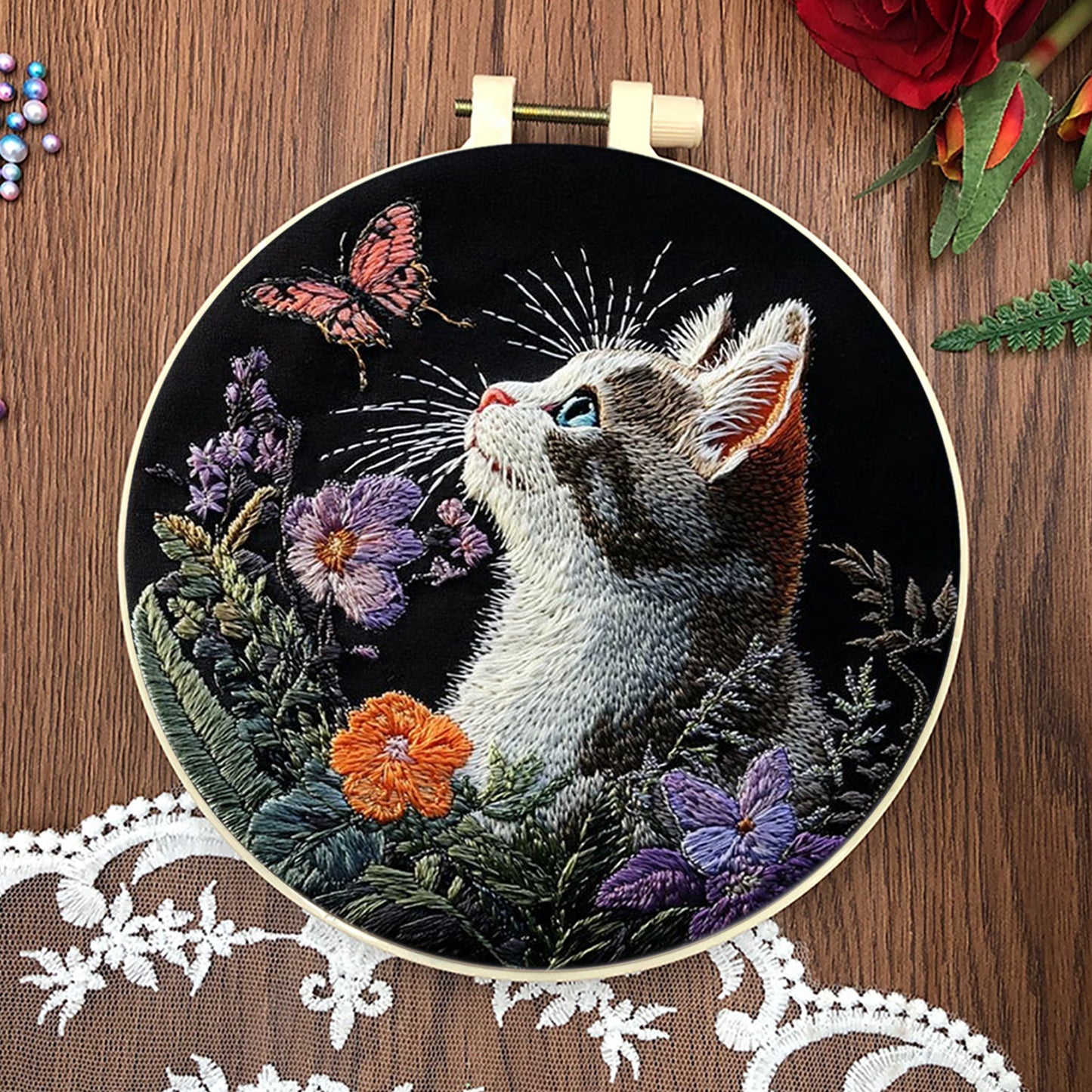 4PCS Cat - DIY Embroidery Cross Stitch Kit with Pattern Cotton Threads Needles Hoop 30x30CM/11.81x11.81in