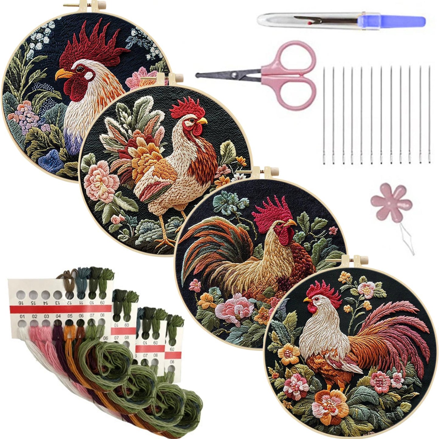 4PCS Chicken - DIY Embroidery Cross Stitch Kit with Pattern Cotton Threads Needles Hoop 30x30CM/11.81x11.81in