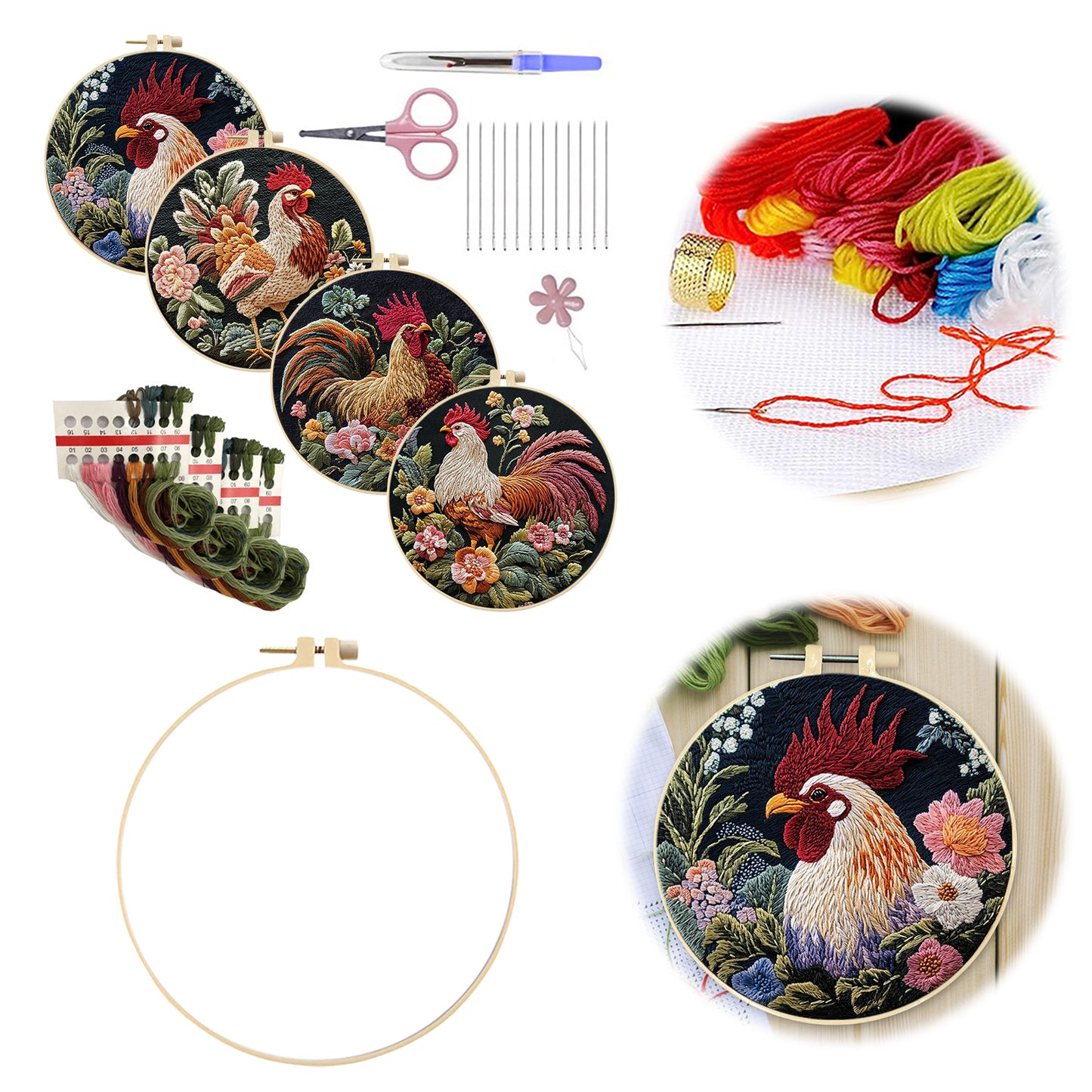 4PCS Chicken - DIY Embroidery Cross Stitch Kit with Pattern Cotton Threads Needles Hoop 30x30CM/11.81x11.81in