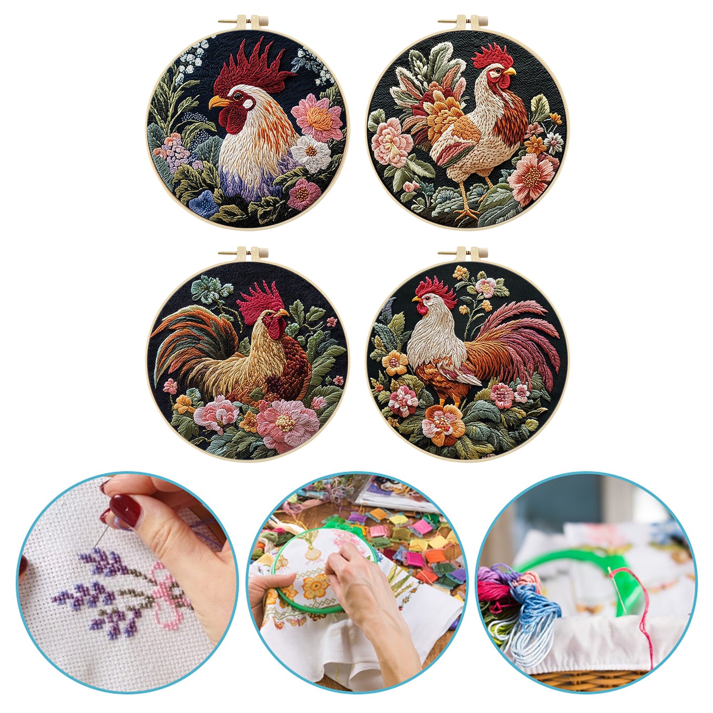 4PCS Chicken - DIY Embroidery Cross Stitch Kit with Pattern Cotton Threads Needles Hoop 30x30CM/11.81x11.81in