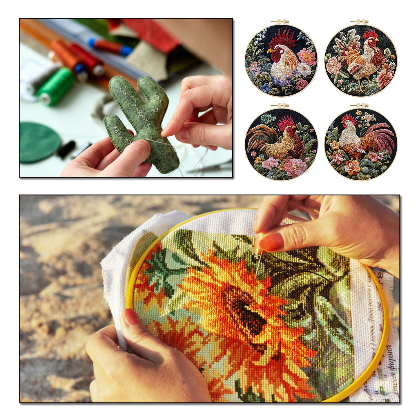 4PCS Chicken - DIY Embroidery Cross Stitch Kit with Pattern Cotton Threads Needles Hoop 30x30CM/11.81x11.81in