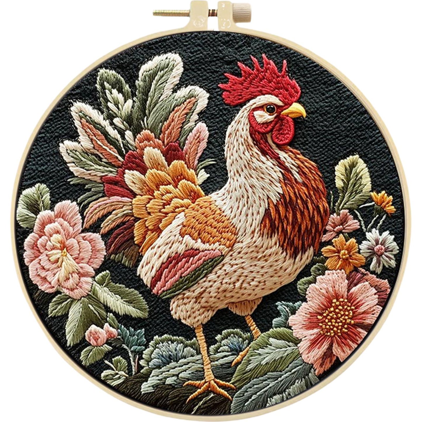 4PCS Chicken - DIY Embroidery Cross Stitch Kit with Pattern Cotton Threads Needles Hoop 30x30CM/11.81x11.81in