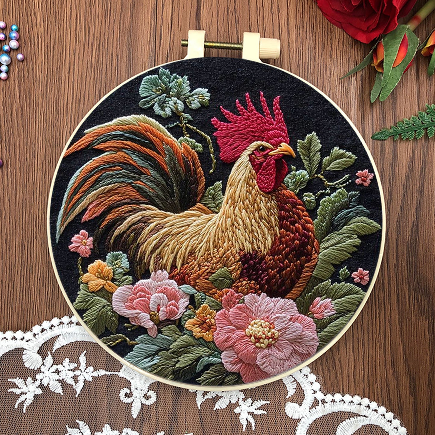 4PCS Chicken - DIY Embroidery Cross Stitch Kit with Pattern Cotton Threads Needles Hoop 30x30CM/11.81x11.81in
