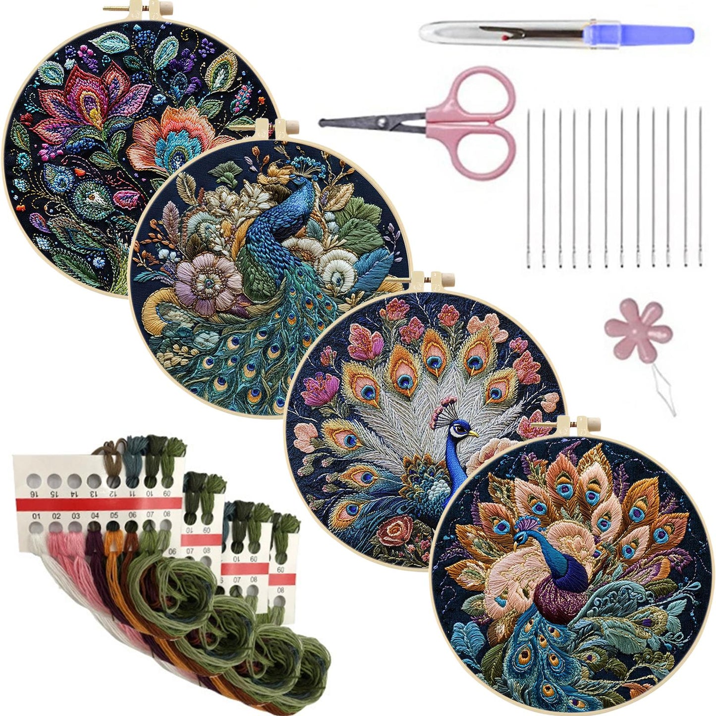 4PCS Peacock - DIY Embroidery Cross Stitch Kit with Pattern Cotton Threads Needles Hoop 25x25CM/9.84x9.84in