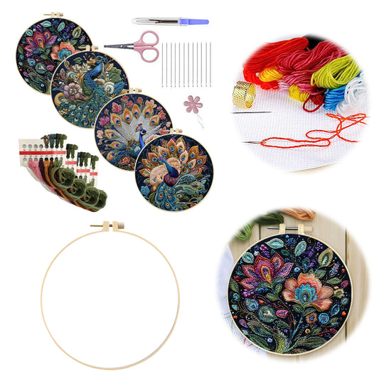 4PCS Peacock - DIY Embroidery Cross Stitch Kit with Pattern Cotton Threads Needles Hoop 25x25CM/9.84x9.84in