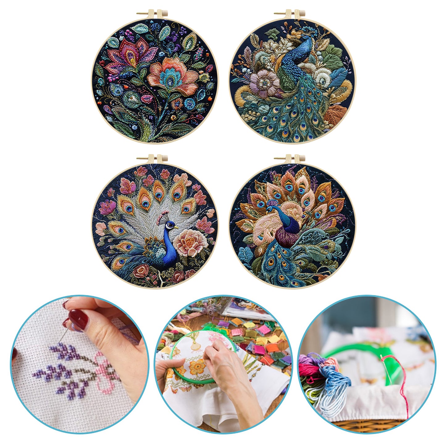 4PCS Peacock - DIY Embroidery Cross Stitch Kit with Pattern Cotton Threads Needles Hoop 25x25CM/9.84x9.84in