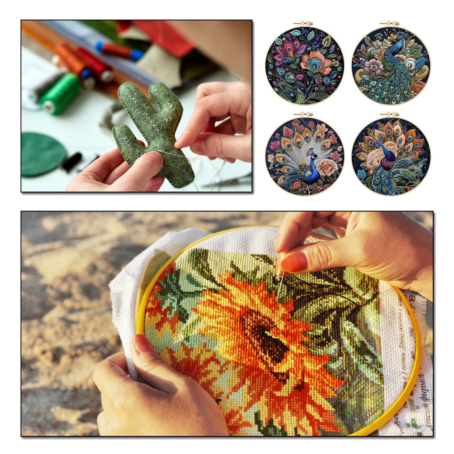 4PCS Peacock - DIY Embroidery Cross Stitch Kit with Pattern Cotton Threads Needles Hoop 25x25CM/9.84x9.84in