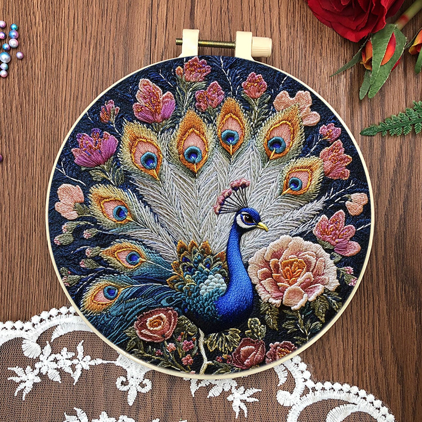 4PCS Peacock - DIY Embroidery Cross Stitch Kit with Pattern Cotton Threads Needles Hoop 25x25CM/9.84x9.84in