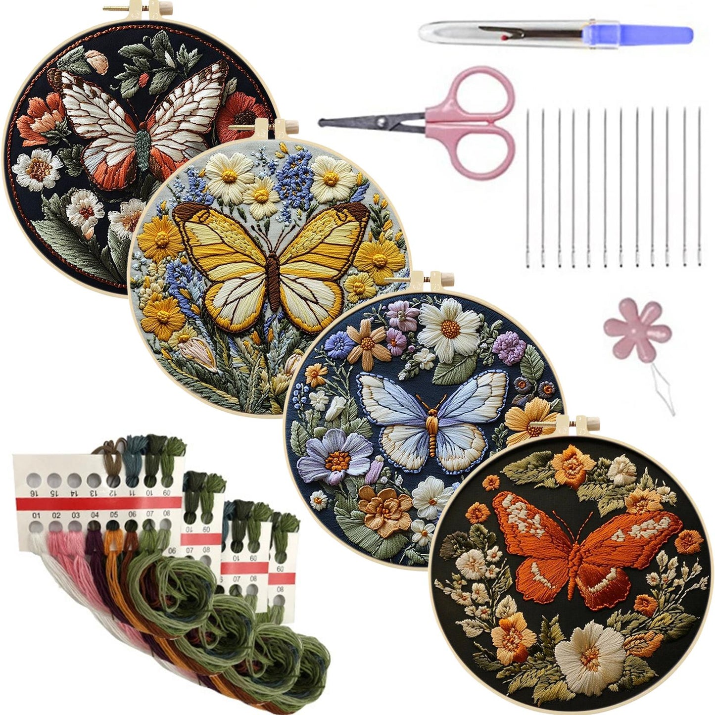 4PCS Butterfly - DIY Embroidery Cross Stitch Kit with Pattern Cotton Threads Needles Hoop 25x25CM/9.84x9.84in