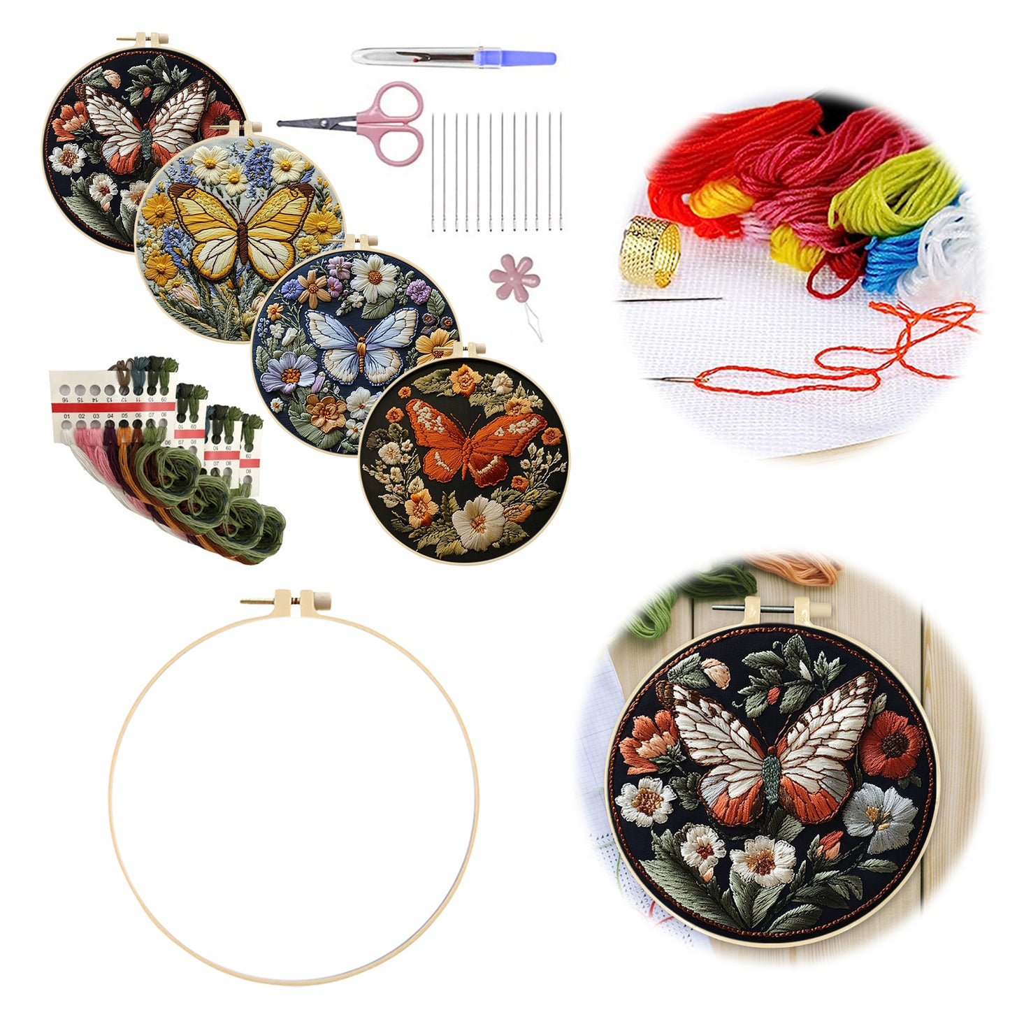 4PCS Butterfly - DIY Embroidery Cross Stitch Kit with Pattern Cotton Threads Needles Hoop 25x25CM/9.84x9.84in