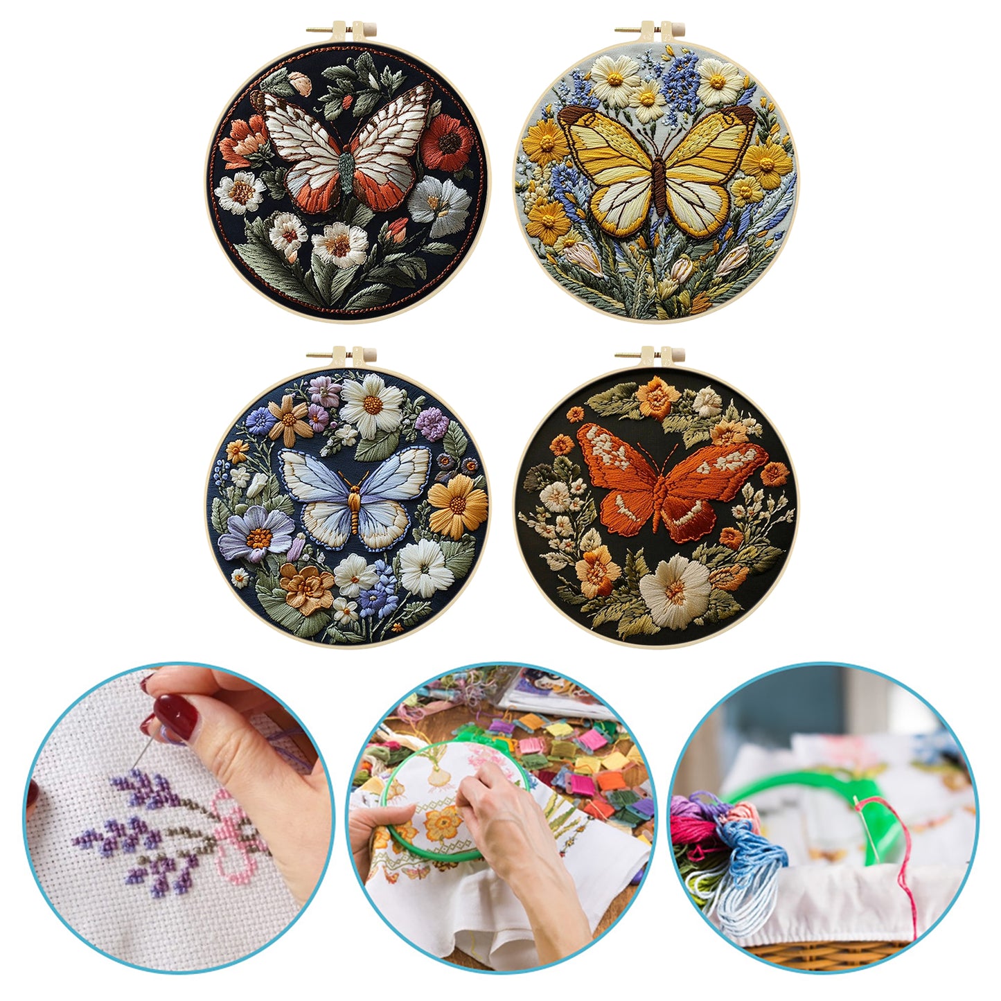 4PCS Butterfly - DIY Embroidery Cross Stitch Kit with Pattern Cotton Threads Needles Hoop 25x25CM/9.84x9.84in