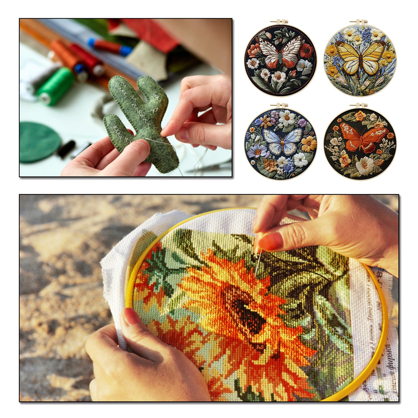 4PCS Butterfly - DIY Embroidery Cross Stitch Kit with Pattern Cotton Threads Needles Hoop 25x25CM/9.84x9.84in